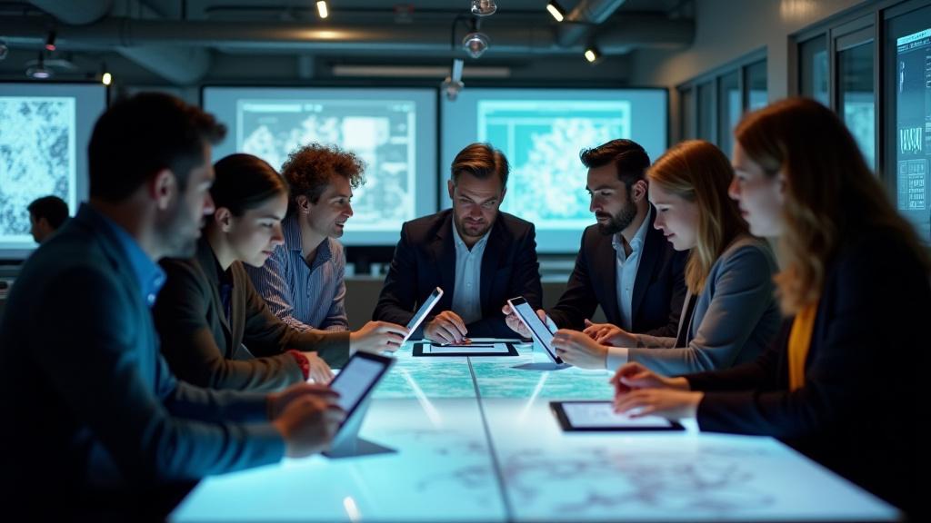 Une équipe de designers collaborant sur des écrans lumineux, symbolisant l'échange d'idées et la créativité numérique.